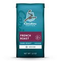 Caribou Coffee French Roast Dark Roast Ground coffee in a 12 oz bag, featuring a teal and magenta color scheme on a white background.