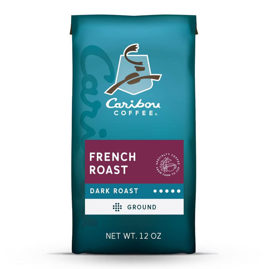 Caribou Coffee French Roast Dark Roast Ground coffee in a 12 oz bag, featuring a teal and magenta color scheme on a white background.