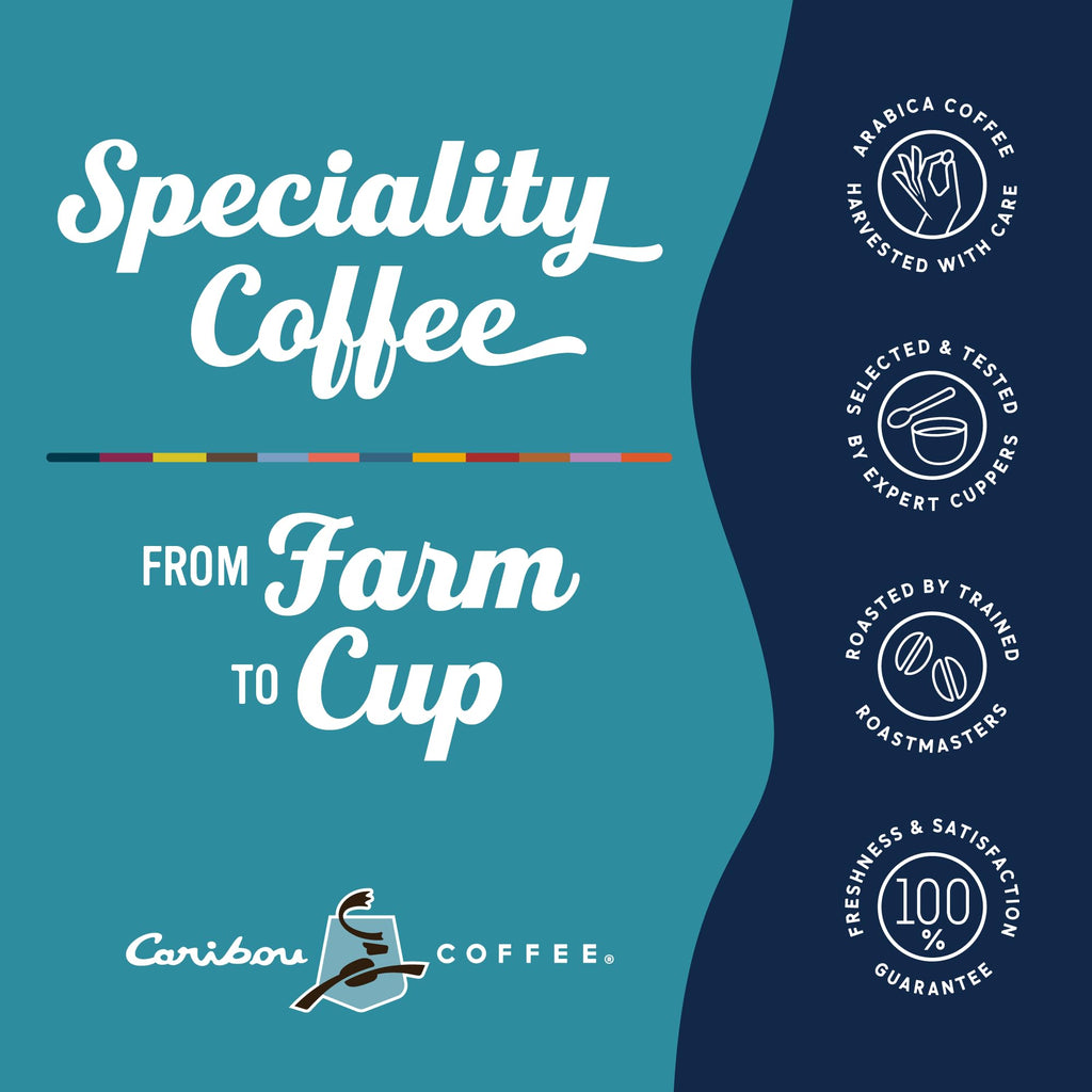 Caribou Coffee advertisement with 'Specialty Coffee from Farm to Cup' text on a blue and navy background.