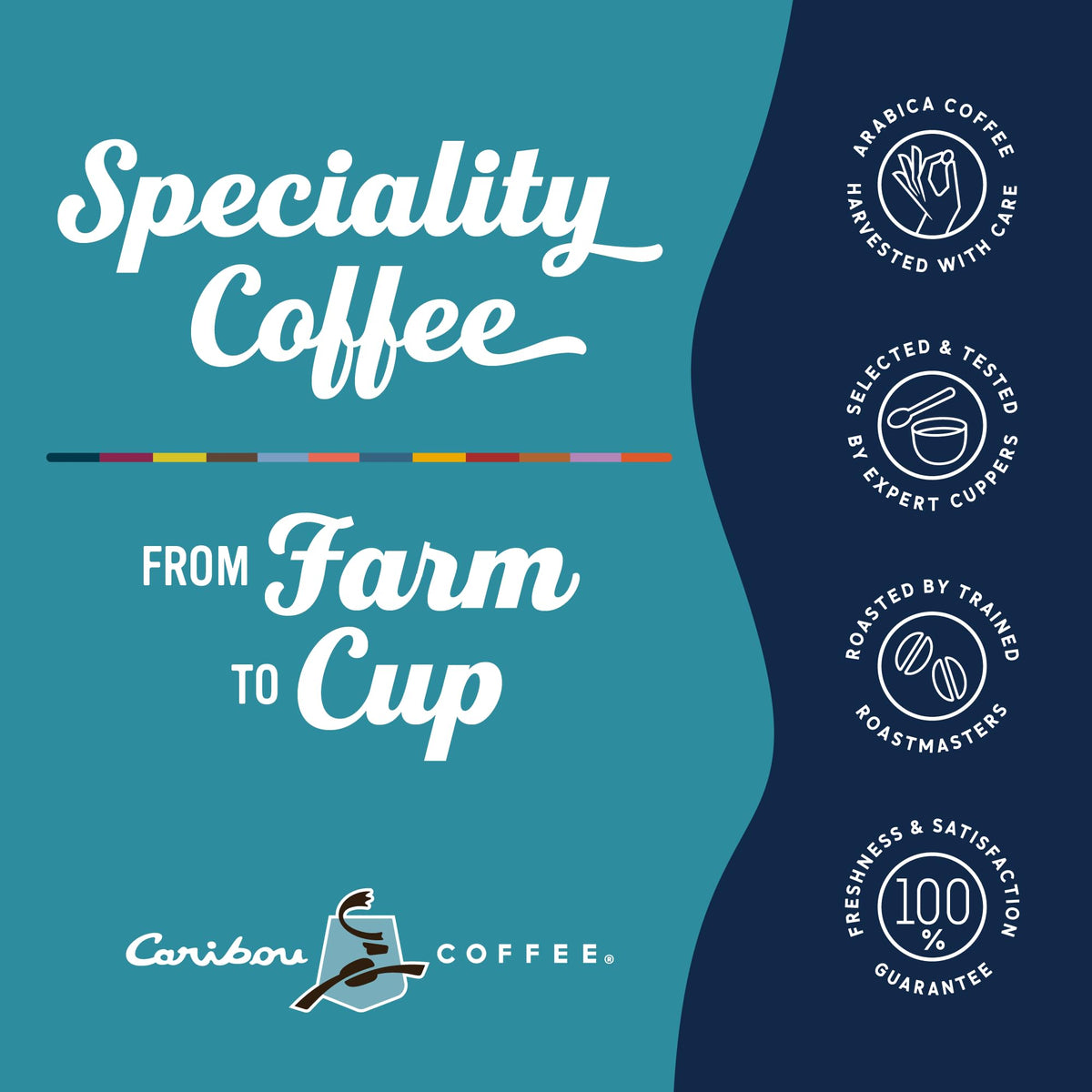 Caribou Coffee advertisement with 'Specialty Coffee from Farm to Cup' text on a blue and navy background.