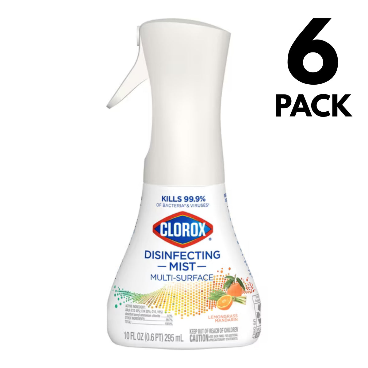 A 10 fl oz bottle of Clorox Disinfecting Mist Multi-Surface lemon grass fragrance, shown as a 6-pack bundle on a white background with a black '6 PACK' text overlay.