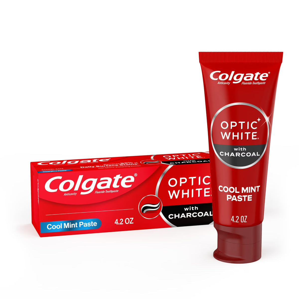 Colgate Optic White Whitening Toothpaste with Charcoal Cool Mint 4.2 oz box and tube