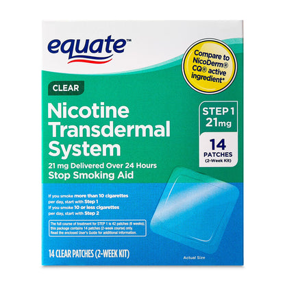 Equate Nicotine Transdermal System Step 1 — 21mg, 14 Count Clear Patches (Stop Smoking Aid)