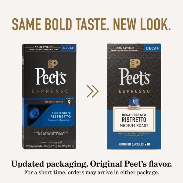 Peet's Coffee Ristretto Decaffeinato Espresso Capsules 10 Ct (Case of 10 Boxes / 100 Pods Total)