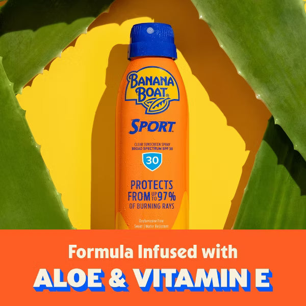 A bottle of Banana Boat Sport sunscreen centered against a bright yellow background with green aloe leaves framing the top and sides. Text at the bottom reads 'Formula Infused with ALOE & VITAMIN E'.