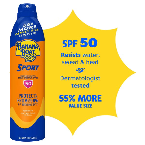 Banana Boat Sport SPF 50 sunscreen spray can on a white background with a yellow sunburst graphic containing product benefits text.