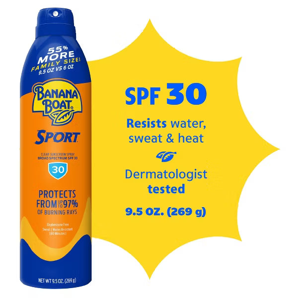A can of Banana Boat Sport SPF 30 sunscreen spray shown next to a yellow sunburst graphic with product claims on a white background.