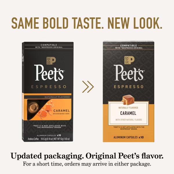 Peet's Coffee Caramel Dark Roast Espresso Capsules 10 Ct (Case of 10 Boxes / 100 Pods Total)