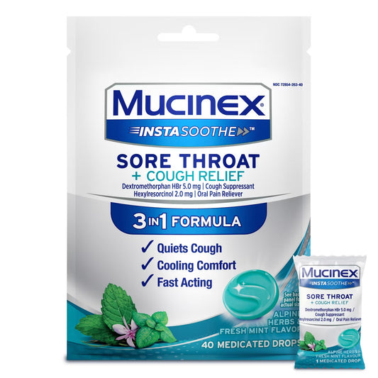 Mucinex InstaSoothe Sore Throat & Cough Drops Alpine Herb & Fresh Mint 40 Ct (Case of 36 Bags)