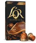 Lör Espresso Caramel capsules packaging with two capsules in front on a white background