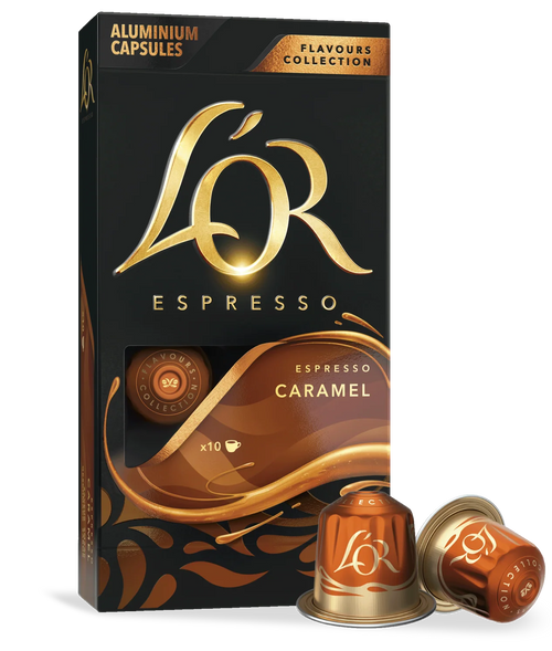 Lör Espresso Caramel capsules packaging with two capsules in front on a white background