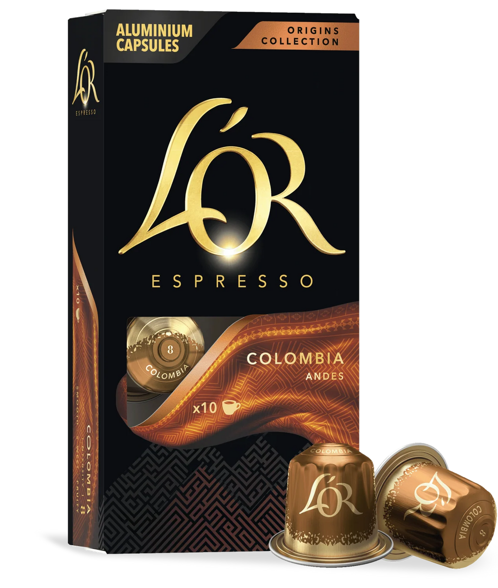 LöR Espresso Colombia Andes capsules packaging with two capsules in front