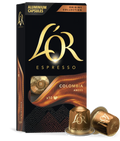 LöR Espresso Colombia Andes capsules packaging with two capsules in front