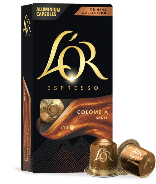 LöR Espresso Colombia Andes capsules packaging with two capsules in front