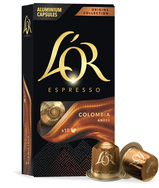 LöR Espresso Colombia Andes capsules packaging with two capsules in front