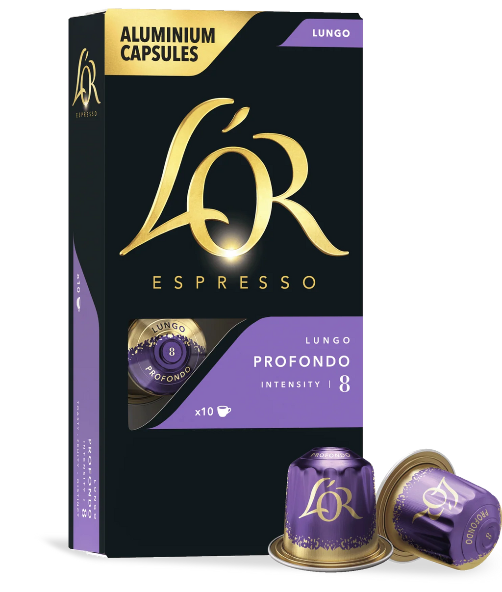 Là'r Espresso Lungo capsules packaging with two capsules on a white background