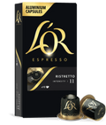 LöR Espresso aluminium capsules packaging with capsules on a white background