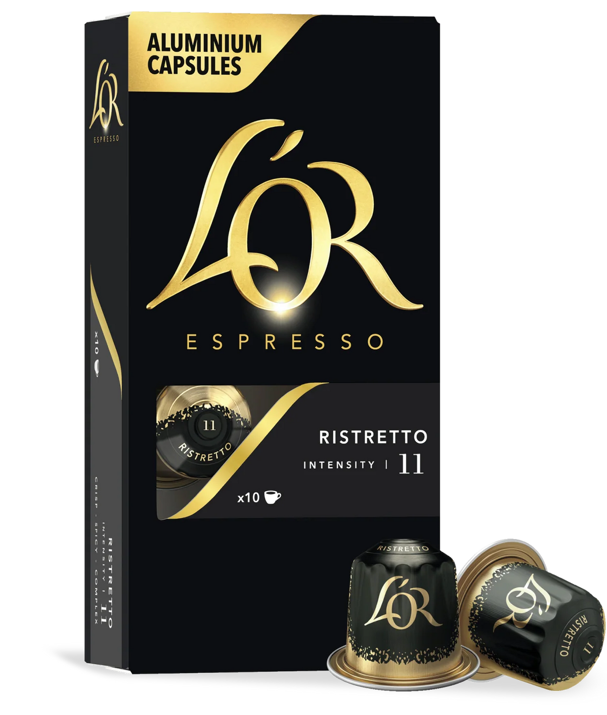 LöR Espresso aluminium capsules packaging with capsules on a white background
