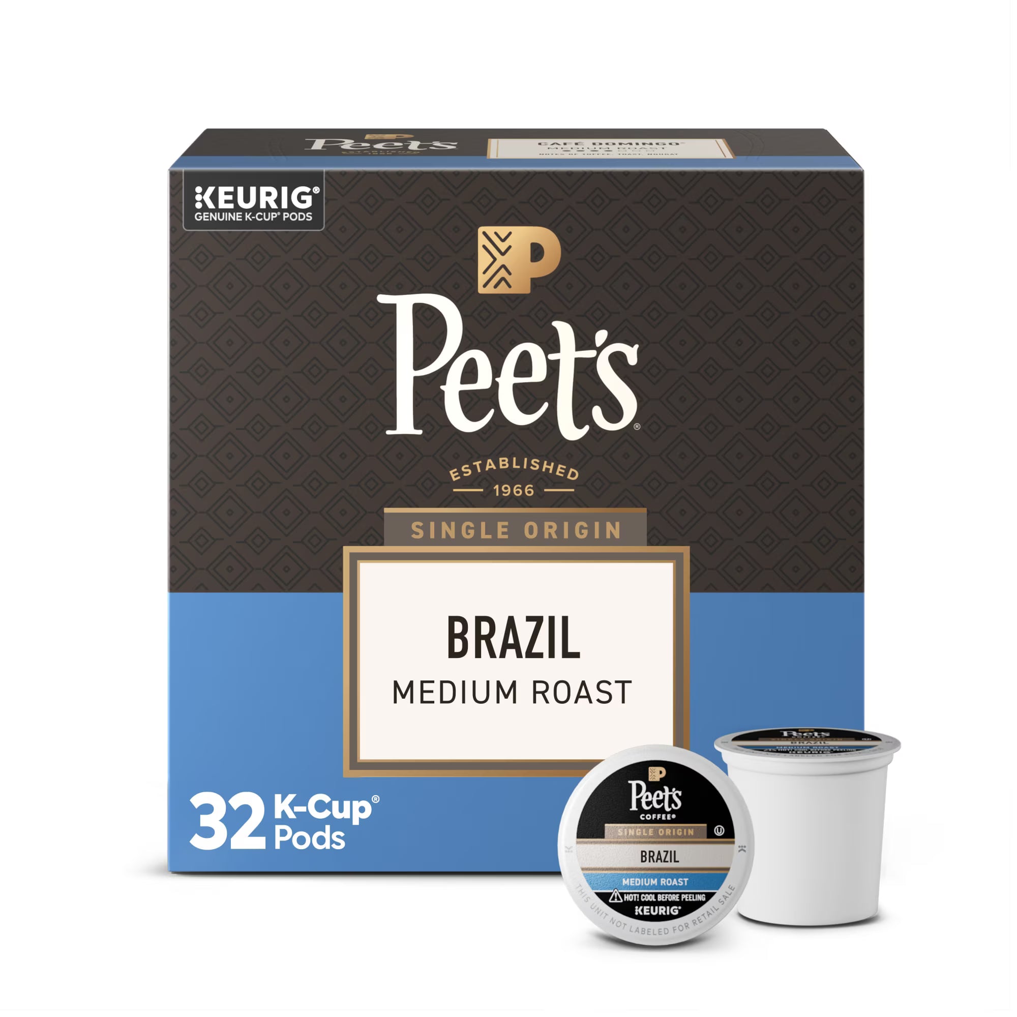 Peet's Brazil Medium Roast Keurig coffee pods box with two individual pods shown in front on a white background.