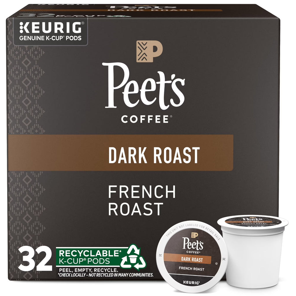Box of Peet's Coffee Dark Roast French Roast K-Cup pods with two pods displayed in front.