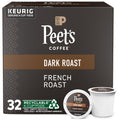 Box of Peet's Coffee Dark Roast French Roast K-Cup pods with two pods displayed in front.