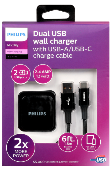 Philips Mobility Elite Dual USB Wall Charger with 6 ft Cable