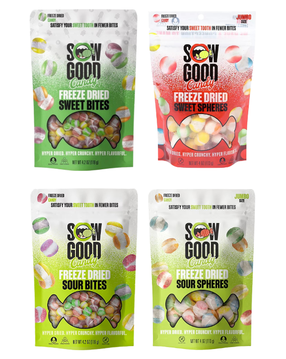 Sow Good Freeze Dried Candy Sampler Bundle 4-pack variety featuring Sweet Bites, Sweet Spheres, Sour Bites, and Sour Spheres