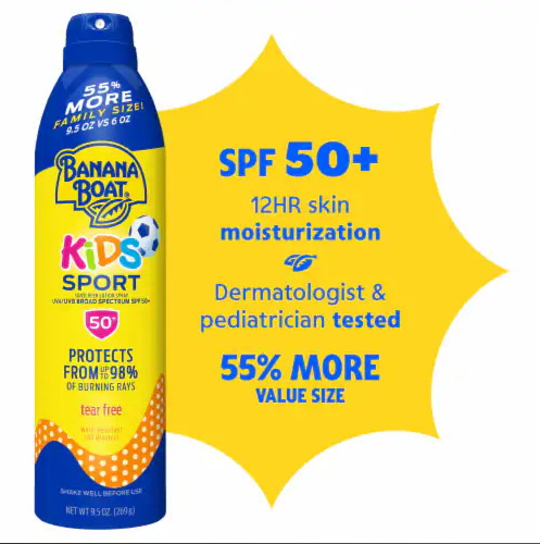 Banana Boat Kids Sport SPF 50+ sunscreen spray can on a white background with a yellow sunburst graphic highlighting key features like SPF 50+ skin moisturization and pediatrician testing.