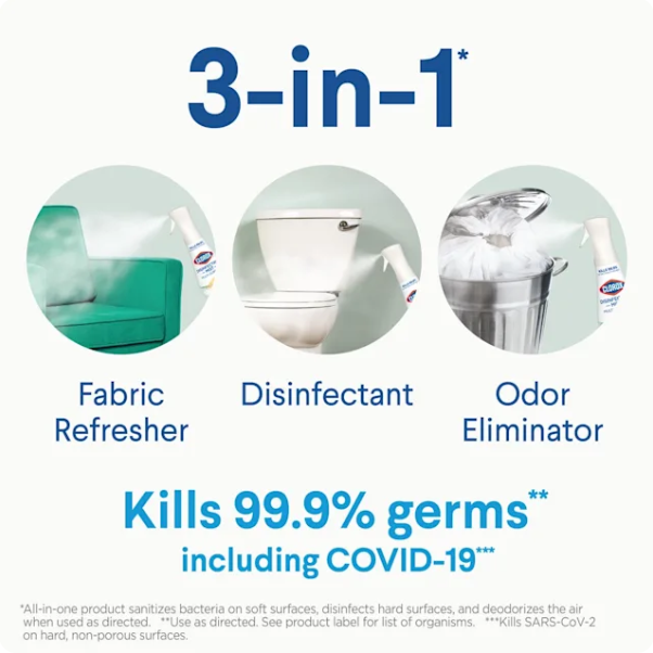 Product packaging with '3-in-1' features for fabric refresher, disinfectant, and odor eliminator on a white background.