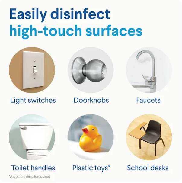 Promotional graphic showing six high-touch surfaces that can be easily disinfected: a light switch, doorknobs, a faucet, a toilet handle, a rubber duck plastic toy, and a school desk. The text reads 'Easily disinfect high-touch surfaces' with small notes indicating a potable rinse is required for plastic toys.