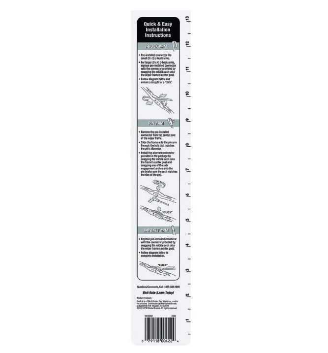 Rain-X WeatherBeater Wiper Blade installation instructions and size chart