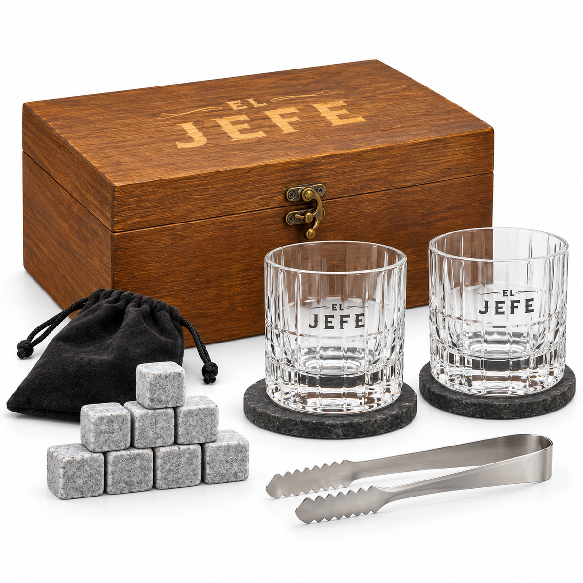 El Jefe Whiskey Gift Set with 2 Glasses, Chilling Stones & Wooden Box