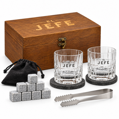 El Jefe Whiskey Gift Set with 2 Glasses, Chilling Stones & Wooden Box