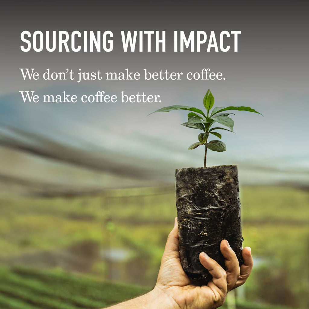 Hand holding a pot with a plant, with text about sourcing with impact and making coffee better.
