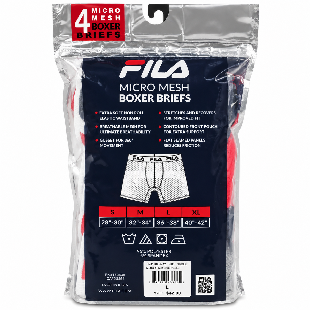 FILA Men's Breathable Micro Mesh Boxer Briefs 4-Pack - Large