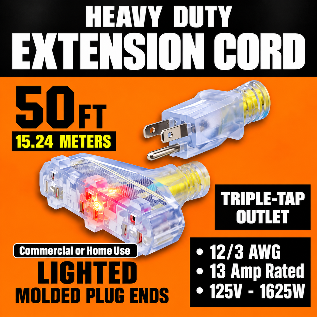 Lighted heavy-duty extension cord with transparent plastic housing and illuminated plug ends, shown on an orange background with large product specs and text including '50 FT', '15.24 METERS', 'TRIPLE-TAP OUTLET', and 'LIGHTED MOLDED PLUG ENDS'.