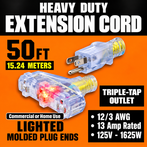 Lighted heavy-duty extension cord with transparent plastic housing and illuminated plug ends, shown on an orange background with large product specs and text including '50 FT', '15.24 METERS', 'TRIPLE-TAP OUTLET', and 'LIGHTED MOLDED PLUG ENDS'.