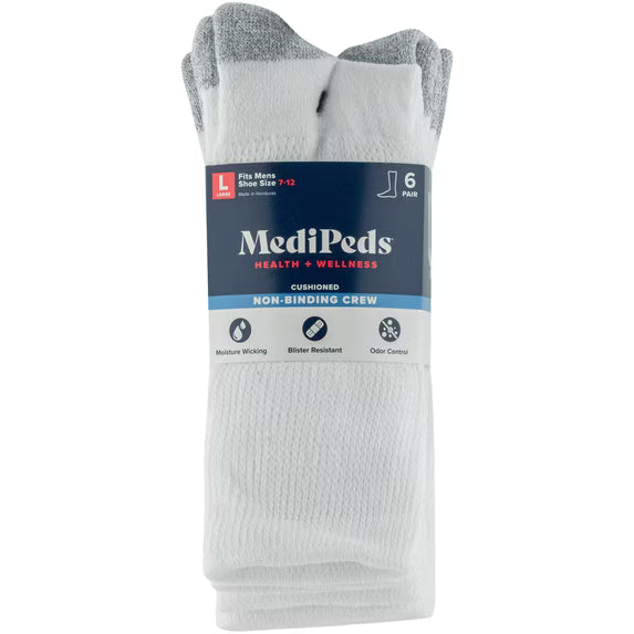 MediPeds Men’s Cushioned Non-Binding Crew Socks – 6 Pairs, Size 7–12