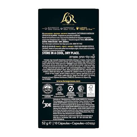 The back of a black coffee capsule package, showing product details, ingredients, storage instructions, and logos including L.R.