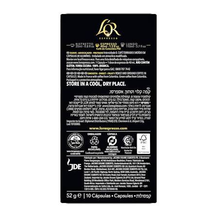 The back of a black coffee capsule package, showing product details, ingredients, storage instructions in English and Hebrew, and logos including AOR Espresso and JDE, on a plain white background.