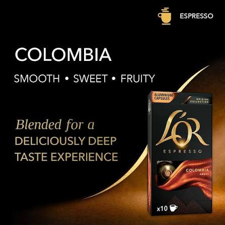 A package of LOR Espresso coffee capsules shown on a dark promotional background with text describing the coffee as Colombia smooth, sweet, and fruity.
