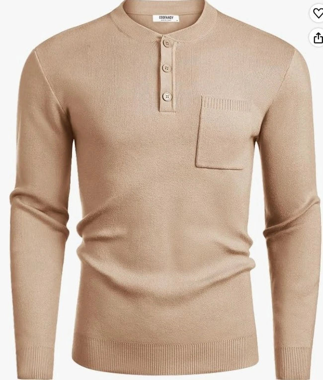 COOFANDY Men’s Henley Knit Pullover Sweater – Apricot, Medium
