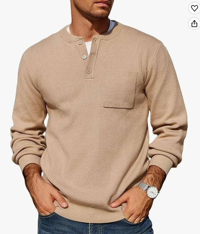 COOFANDY Men’s Henley Knit Pullover Sweater – Apricot, Medium