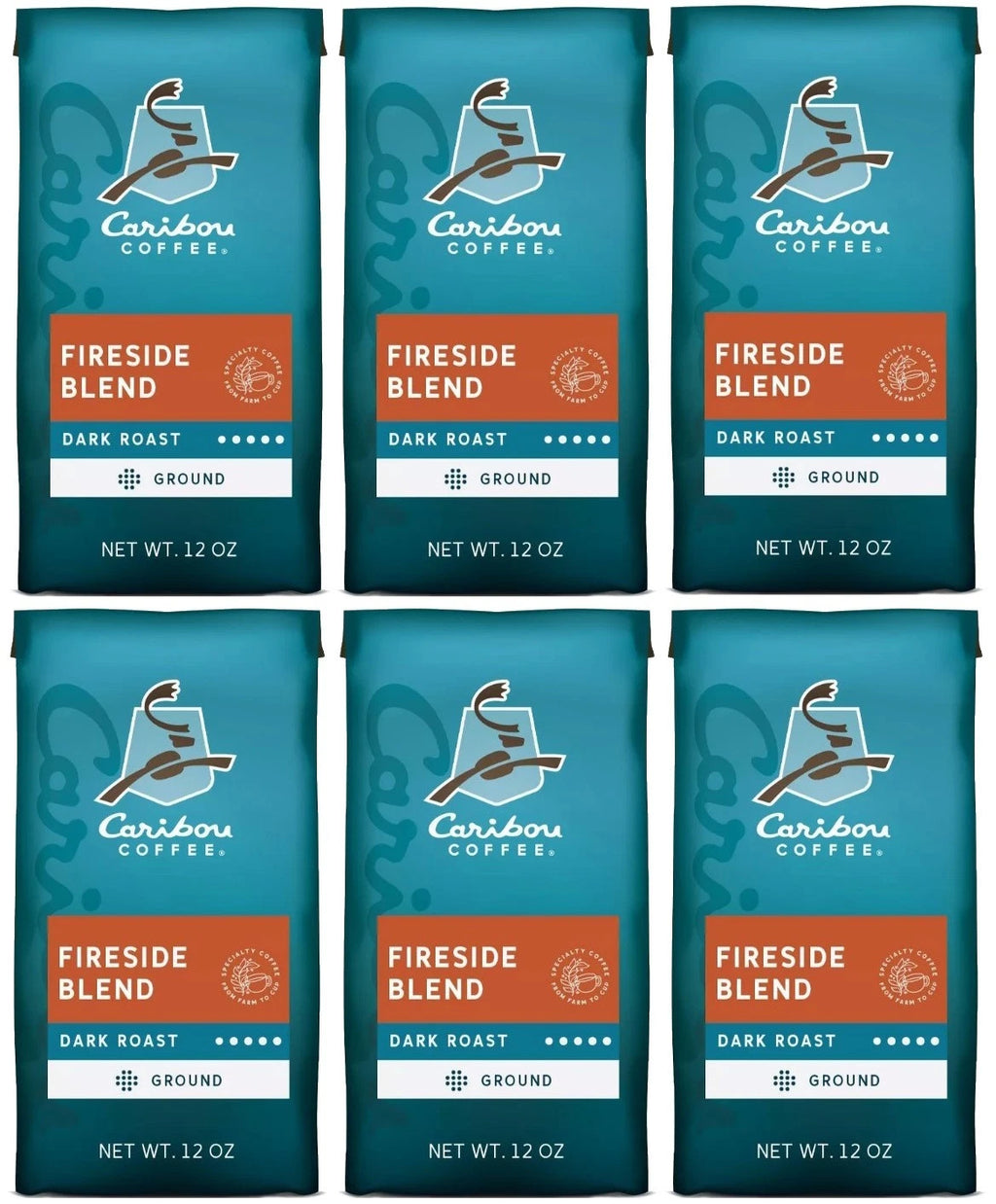 Caribou Coffee Fireside Blend Dark Roast Ground Coffee – 6 Bags, 12 oz Each