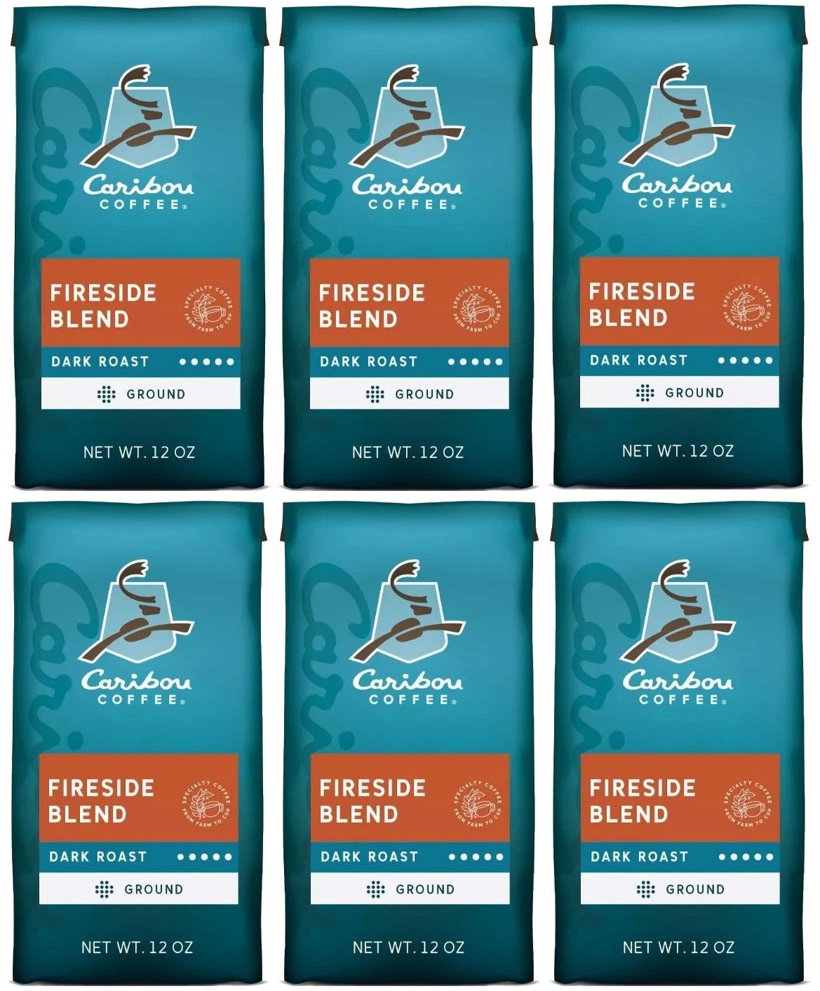 Caribou Coffee Fireside Blend Dark Roast Ground Coffee – 6 Bags, 12 oz Each